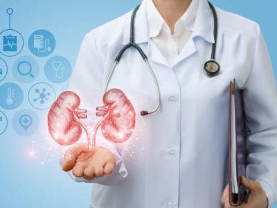 Doctor urologist shows kidneys on a blue background.